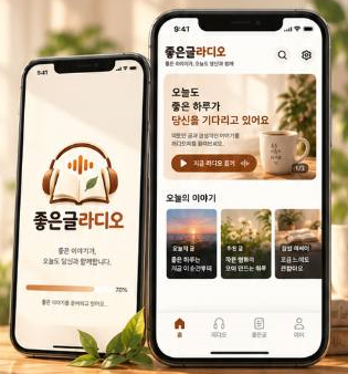 좋은글라디오 스플래시 화면과 홈 화면이 표시된 스마트폰 2대